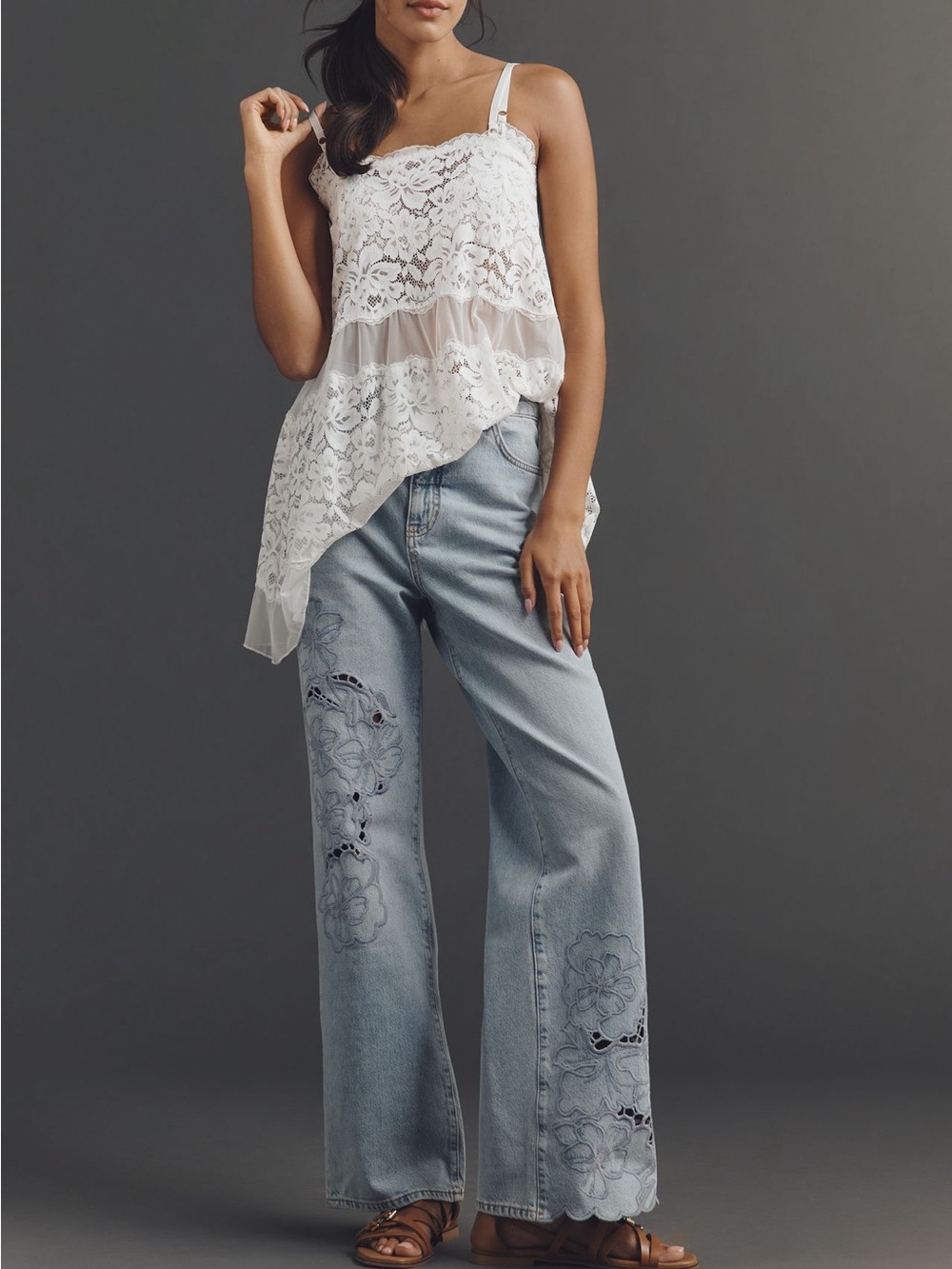 Pilcro Anthropologie Light Blue Embroidered Wide-Leg Jeans
